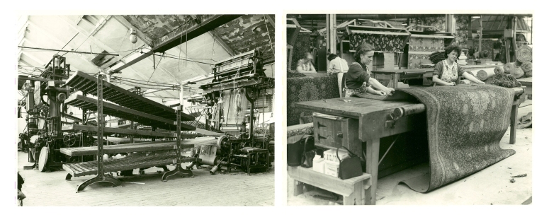 Photographs from the Foley collection, showing a loom at JG Harding (left) and staff at work for Pycock & Wickett Ltd (right)